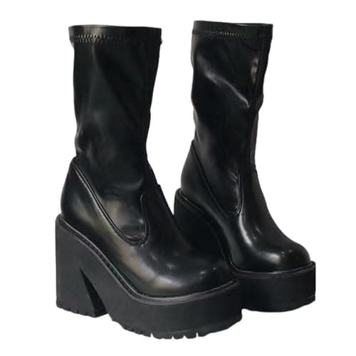 UOQAPRE Women's High Heel Combat Boots Square Toe Lace-Up Ankle Booties