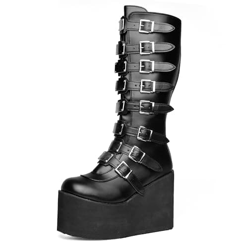 Gothniero Women's Black Knee High Platform Boots Size 5.5-11