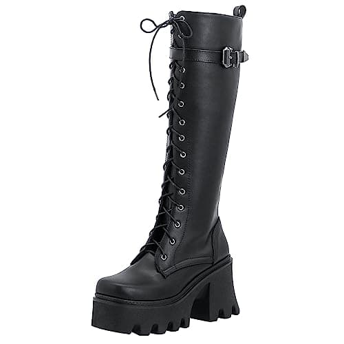 Parisuit Women's Gothic Knee High Lace-Up Buckle Boots Chunky Heel