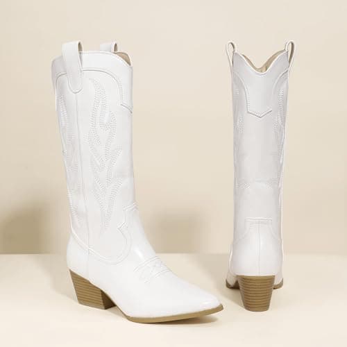 IDIFU IN2 Women's Mid Calf Embroidered Cowboy Bootschunky Heel Country Style Booties