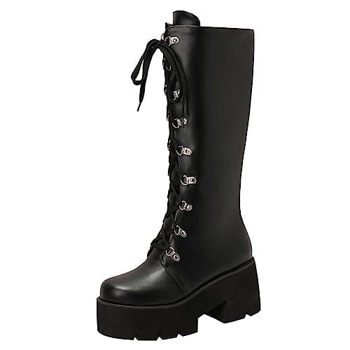 Parisuit Women's Gothic Knee High Lace-Up Buckle Boots Chunky Heel
