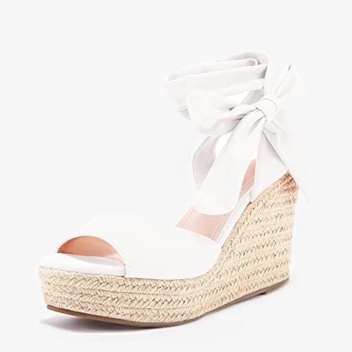 Fashare Women's Open Toe Wedge Heels Sandals with Tie Lace-Up Ankle Strap