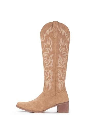 IUV Women's Knee High Western Cowgirl BootsWith Side Zipper & Chunky Heel