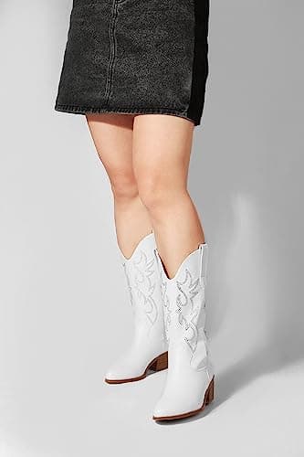 Ouepiano Women's Western Cowgirl Embroidered Boots, Mid Calf Pointed Toe Chunky Heel Pull-On Boots for Ladies