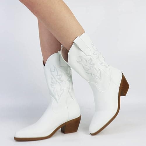 Vimisaoi Women's Retro Embroidered Mid Calf Cowboy Boots
