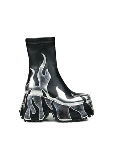 HiColor Women's Red Flame Print Zipper Heeled Boots - Casual Halloween Cosplay