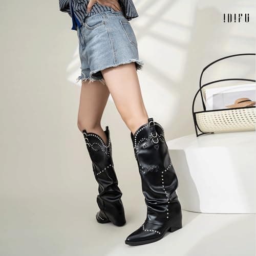 IDIFU IN2 Fold Over Cowboy Boots - Women's Western Embroidered Knee High Heel