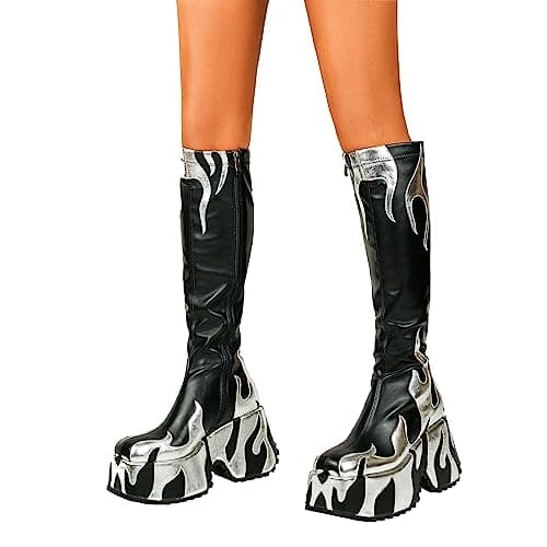 HiColor Women's High Heeled Flames Printing Chunky Sole Tall Boot