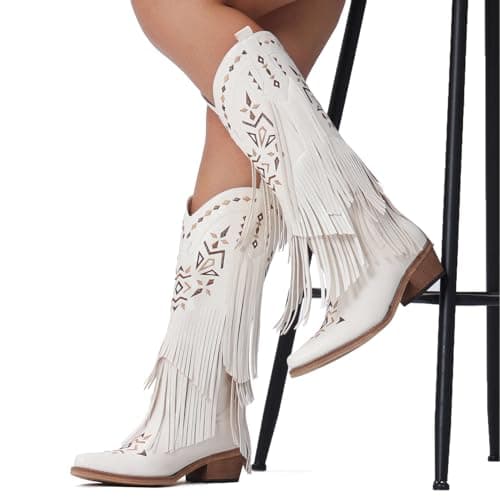 Bybmorto Women's Fringe Knee High Cowboy Boots with Classic Embroidery