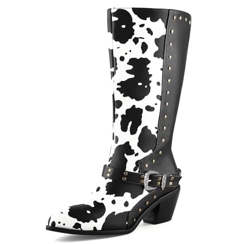 Cozivwaiy Women's Studded Cow Print Mid Calf Buckle Boots Chunky Heel Zipper