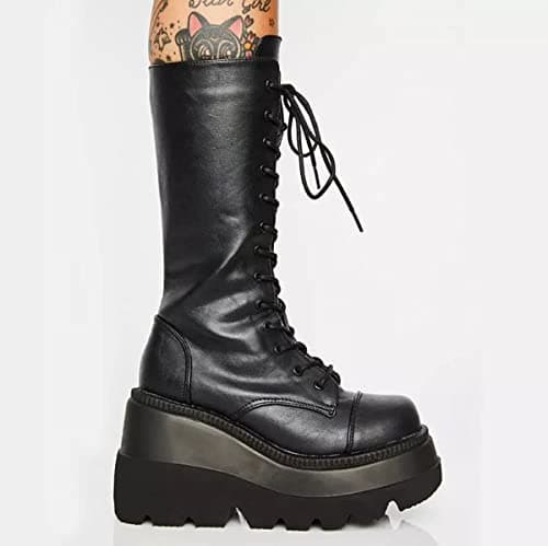 UOQAPRE Women's Winter Punk Chunky Mid-Calf Booties Heel Side Zip Rounds Toe