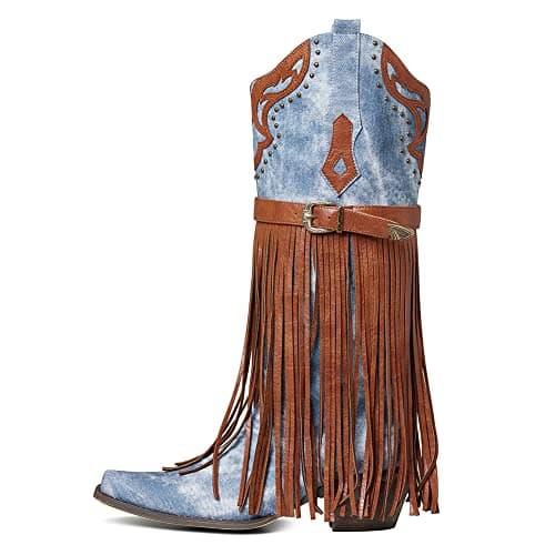 SaraIris Women's Fashion Pointed Toechunky Heel Embroidered Fringe Mid Calf Booties