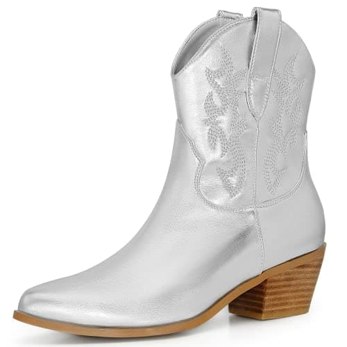 Ouepiano Women's Western Cowgirl Embroidered Boots, Mid Calf Pointed Toe Chunky Heel Pull-On Boots for Ladies