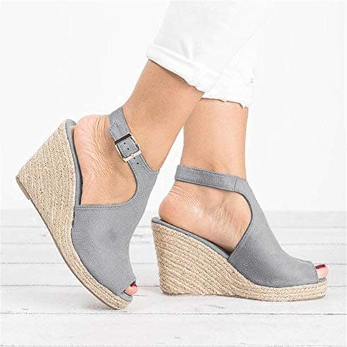 Women's Yiaor Summer Wedge Espadrille Sandals Open Toe Ankle Strap (Black, 8)