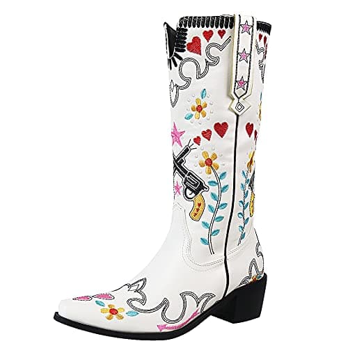 Erocalli Women's Western Mid Heel Embroidered Claf Boot