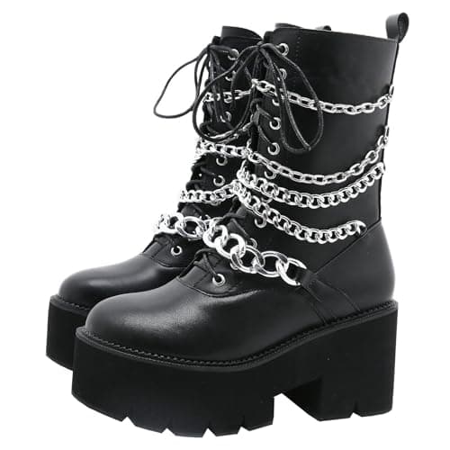 Goth Women's Platform Ankle Boots with Chunky High Heel and Lace Up Detail