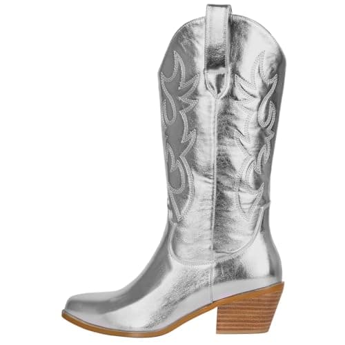 Ouepiano Women's Western Cowgirl Embroidered Boots, Mid Calf Pointed Toe Chunky Heel Pull-On Boots for Ladies