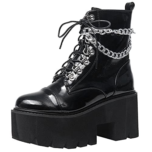 Mikarka Women's Studded Chain Ankle Boots - Chunky Heel Combat Booties