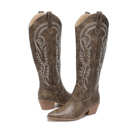 Amoji Women's Western Cowboy Knee High Boot with Zip Pull-On