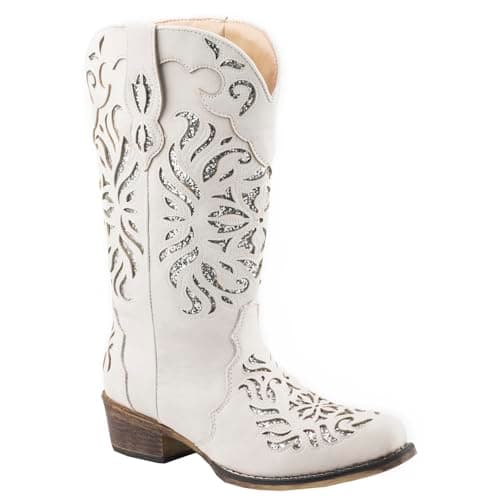 Roper Womens Riley Glitter Inlay Snip Toe Casual Boots - Mid Calf, Off-White