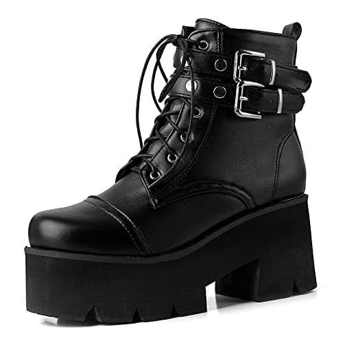 YIYA Women's Black Gothic Platform Ankle Boots with Bat Wing Buckles