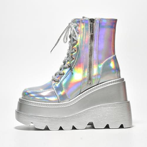 Radio Holographic Ankle Boots with Chunky Block Heels - Women's Size 9