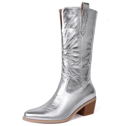 Metallic Cowboy Boots for Women | Pointed Toe Chunky Heel Mid Calf Pull-On
