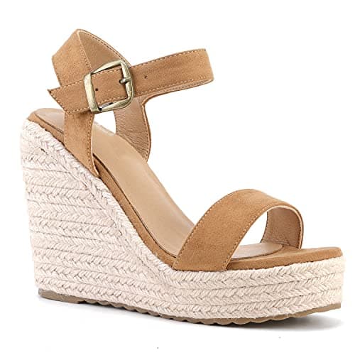 SUMOJIU Women's Open Toe Wedge Sandals, Ankle Strap Summer Casual Straw Woven