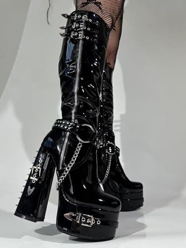 Frankie Hsu Gothic Chunky Platform Boots, Black Patent Silver Chain Buckles