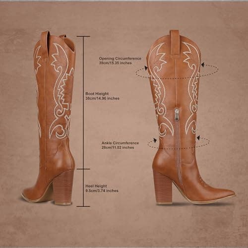 VOMIRA Pointed Toe Chunky Heel Knee High Cowboy Boots