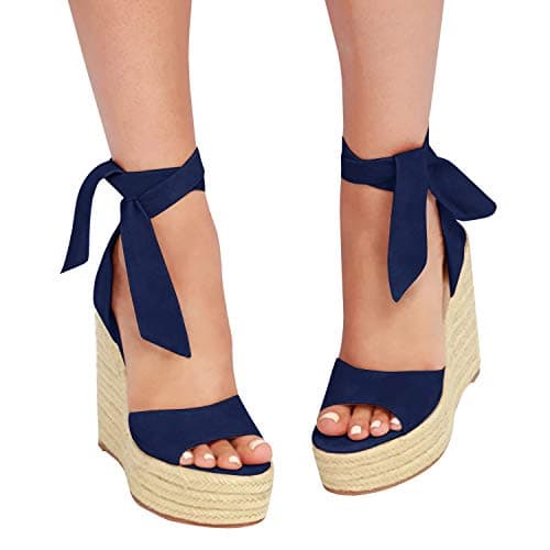 Fashare Women's Open Toe Wedge Heels Sandals with Tie Lace-Up Ankle Strap