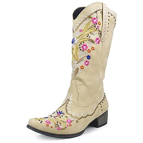 Erocalli Women's Western Mid Heel Embroidered Claf Boot