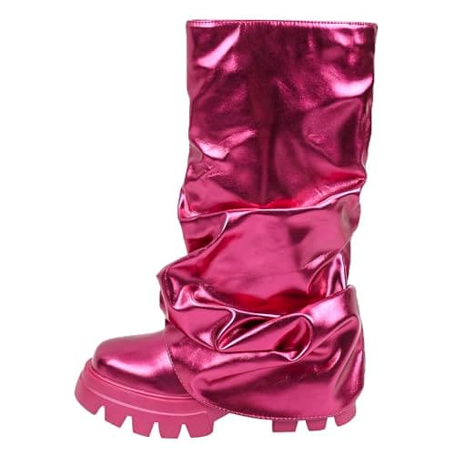 DETOGNI Women's Metallic Mid-Calf Pull-On Chunky Platform Booties