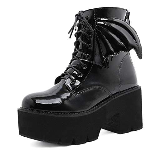 YIYA Women's Black Gothic Platform Ankle Boots with Bat Wing Buckles