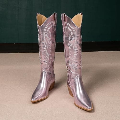 Amoji Women's Western Cowboy Knee High Boot with Zip Pull-On