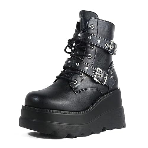 UOQAPRE Women's High Heel Combat Boots Square Toe Lace-Up Ankle Booties