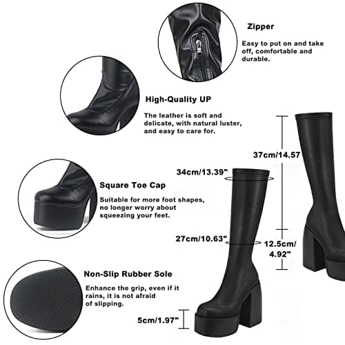 VOMIRA Women's Chunky Heel Square Toe Side Zipper Stretch Pu Leather GoGo Boots