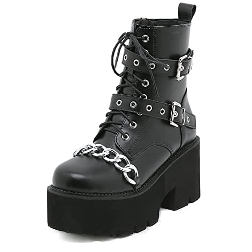 mikarka Women's Studded Black Chunky Heel Combat Ankle Boots