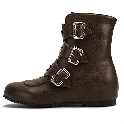 Mikarka Hidden Wedge Heel Ankle Boots for Women Slip On Buckle Straps with Studded Combat Motorcycle Riding Mid Calf Boots Trendy Comfortable Cold Weather Women's Boots