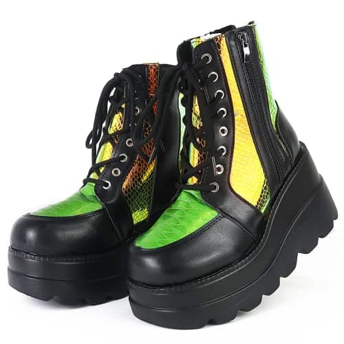 UOQAPRE Women's High Heel Combat Boots Square Toe Lace-Up Ankle Booties