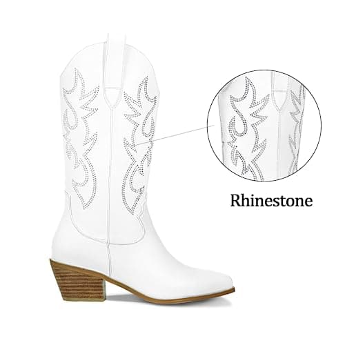 Ouepiano Women's Western Cowgirl Embroidered Boots, Mid Calf Pointed Toe Chunky Heel Pull-On Boots for Ladies