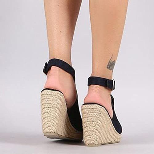Women's Yiaor Summer Wedge Espadrille Sandals Open Toe Ankle Strap (Black, 8)