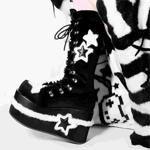 GURURU Warm Fur Punk Goth Mid Calf Boot with Star Heel