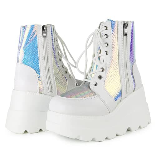 UOQAPRE Women's High Heel Combat Boots Square Toe Lace-Up Ankle Booties
