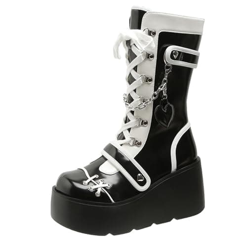 UOQAPRE Women's Winter Punk Chunky Mid-Calf Booties Heel Side Zip Rounds Toe