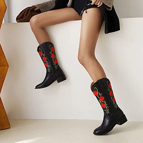 Mikarka Women's Embroidered Mid-Calf Cowboy Boots with Square Toe and Pull-Up Tabs