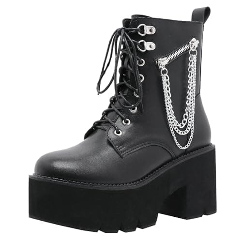 Goth Women's Platform Ankle Boots with Chunky High Heel and Lace Up Detail