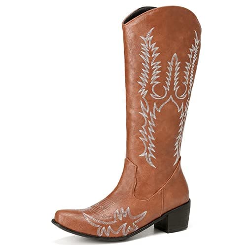 Erocalli Women's Western Mid Heel Embroidered Claf Boot