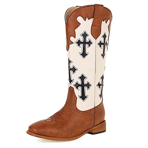 Mikarka Women's Embroidered Mid-Calf Cowboy Boots with Square Toe and Pull-Up Tabs
