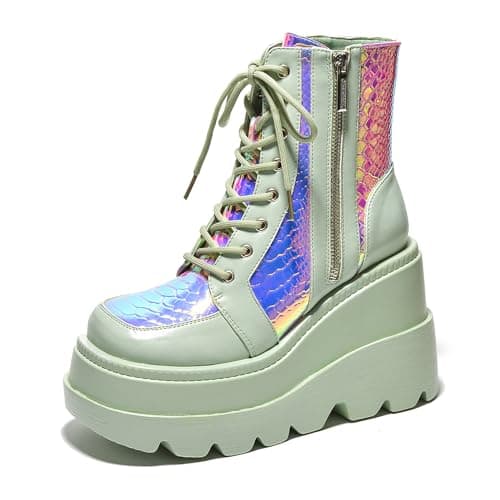 Cape Robbin Radio Holographic Platform Ankle Boots with Chunky Block Heels for Women + Holographic Design + Chunky Block Heels + Comfortable Walking + Women's Ankle Boots + Chunky Heels Ankle Boots + Trendy Holographic Ankle Boots